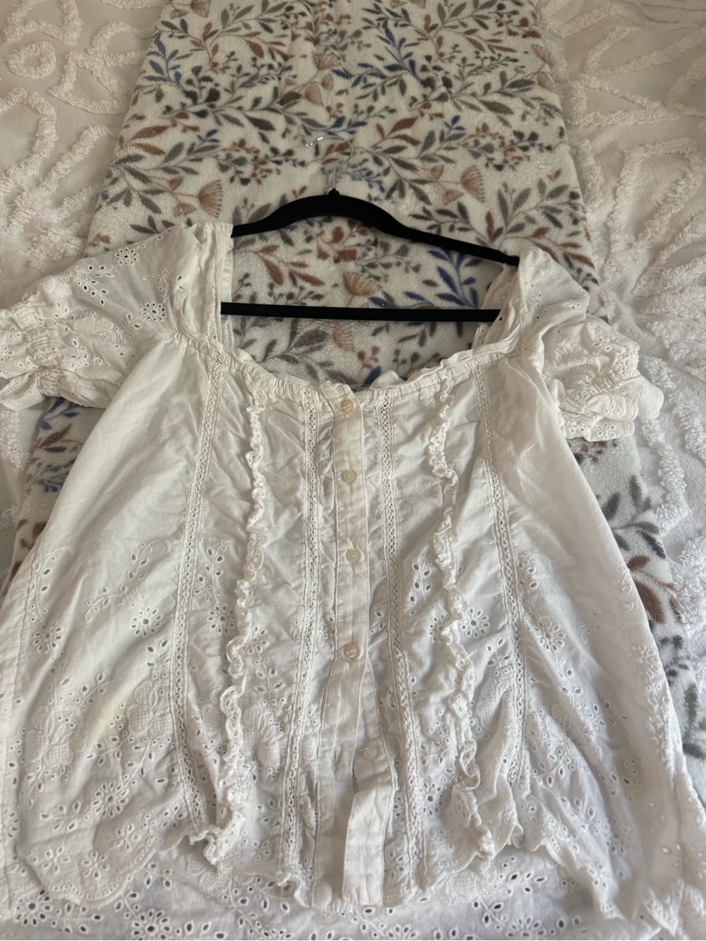 Anthropologie White Eyelet Ruffle Button-Front Blouse